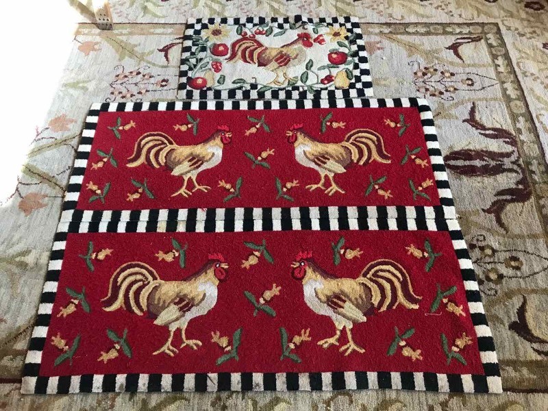 lot 218 image: (3) Hook Rugs  RoosterChicken