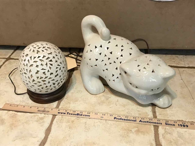 lot 223 image: (2) Accent Lights, White Glazed Ceramic with Cutouts (Cat, Ball)