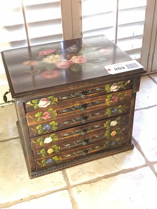 lot 269 image: Painted Stationary Box  Roses, 6 drawers