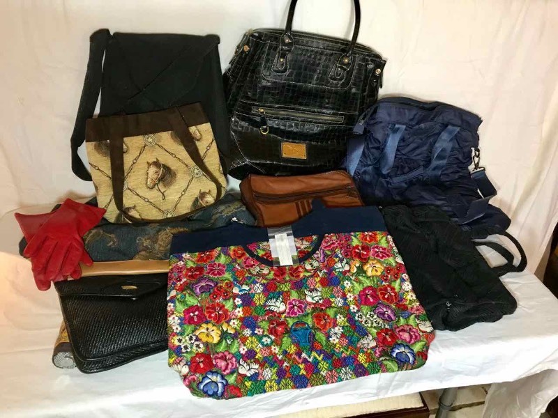 lot 290 image: Asst. Hand Bags, Red Leather Gloves, Umbrella