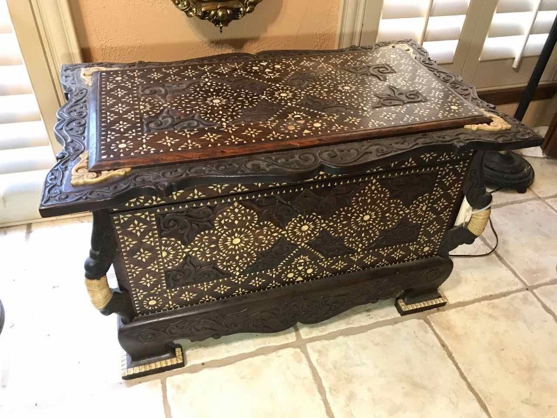 lot 291 image: Carved Trunk with Lustrous Mother of Pearl Inlay