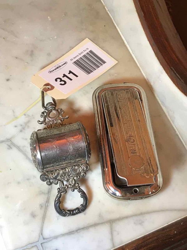 lot 311 image: Antique Ornate Silver Plate Retractable Strop Holder