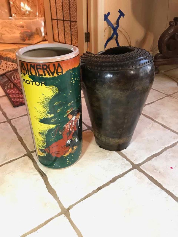 lot 313 image: (2) Tall Vases 1 Metal, 1 Ceramic