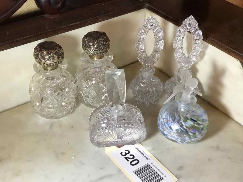 lot 320 image: (6) Perfume Bottles (sterling stoppers, cut glass, Blue Hummingbird)