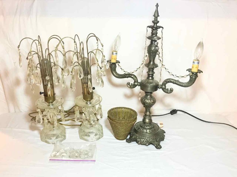 lot 324 image: (2) Crystal Drop Lamps, (1) Metal Lamp (missing some crystals)