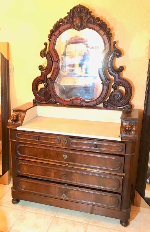 lot 325 image: Antique Dresser with Marble Top & Mirror