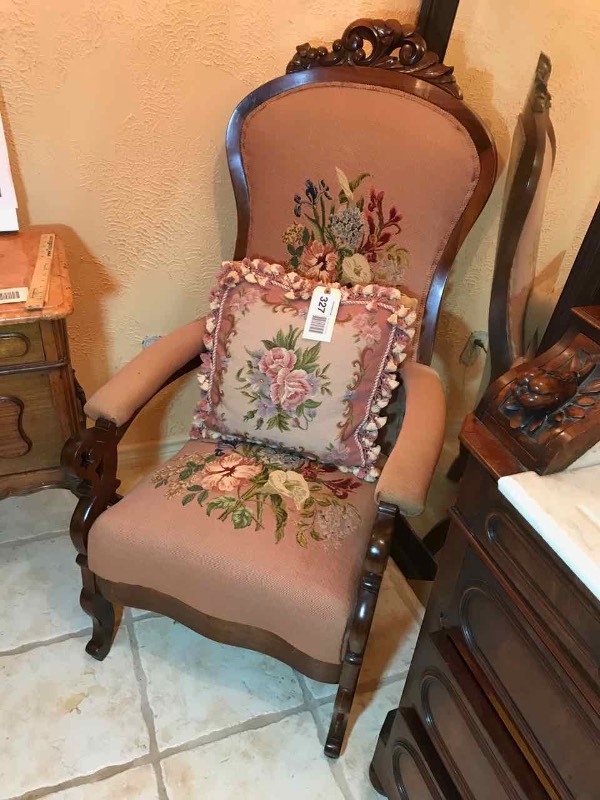 lot 327 image: Antique Carved Chair Needlepoint Flowers & Pillow