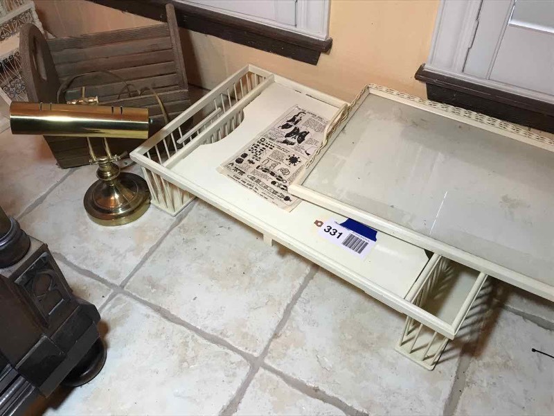 lot 331 image: Vintage Bed Tray, Magazine Tote, Brass Desk Lamp