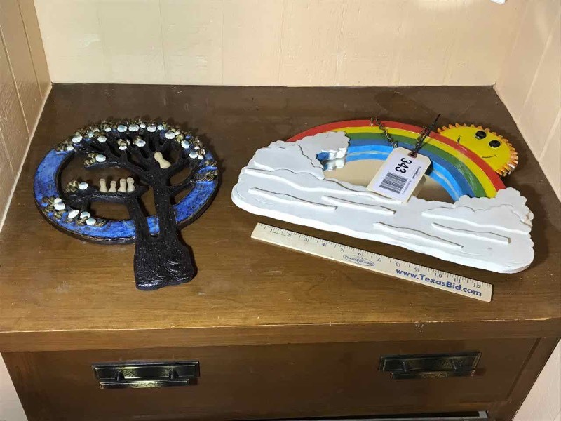 lot 343 image: (2) Ceramic Art by Joyce Foskett Treut (Rainbow & Tree with Birds)