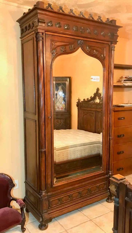 lot 345 image: Antique Walnut Wardrobe, Highly Carved, Beveled Mirror