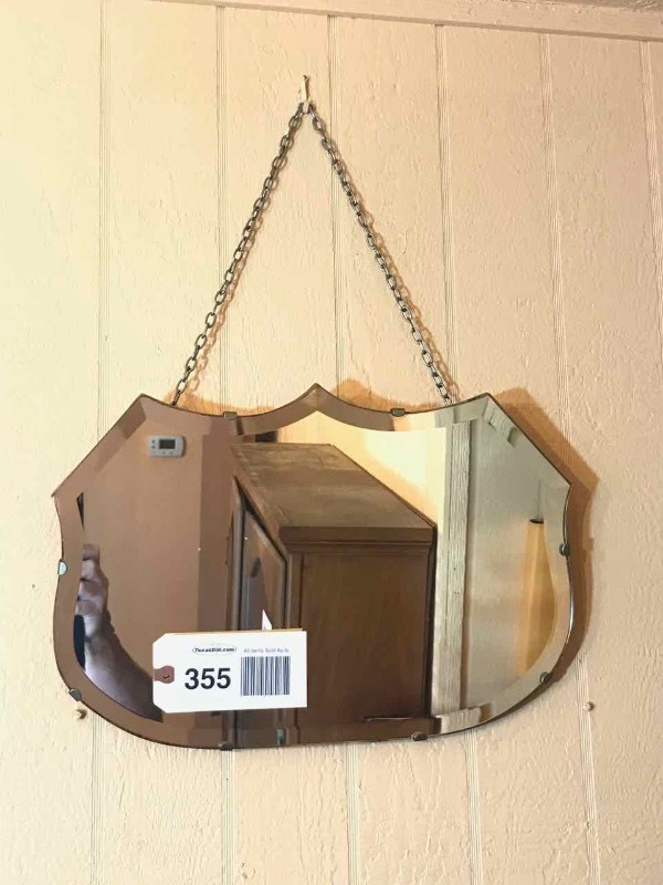 lot 355 image: Antique Shield Shaped Beveled Mirror