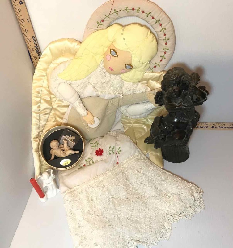 lot 370 image: CherubsAngels Bronze Statue, Heidi Carved Figure, Quilted, Porcelain Candleholder