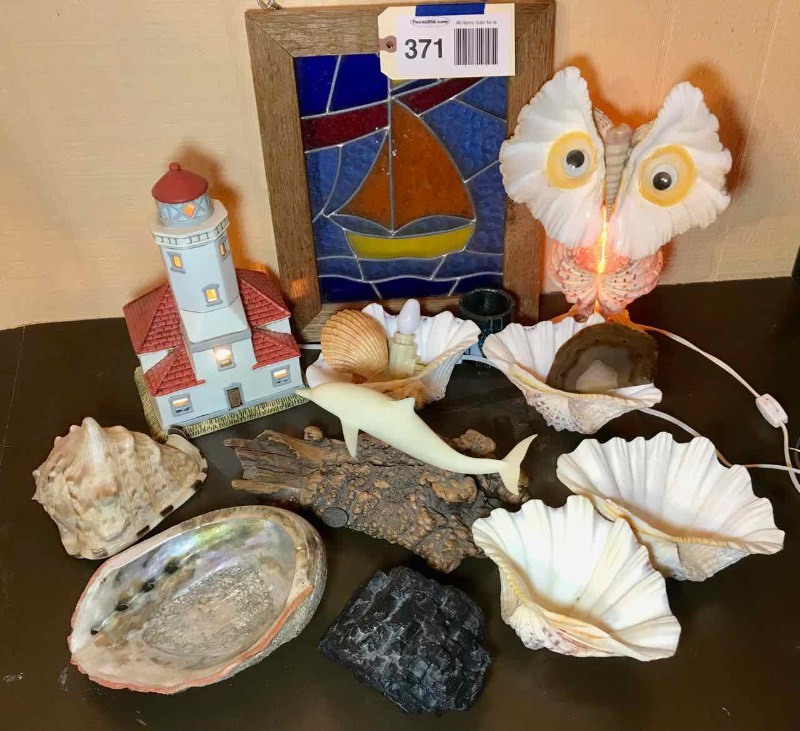 lot 371 image: Dolphin Sculpture, Shells, Stained Glass Sailboat, Light House