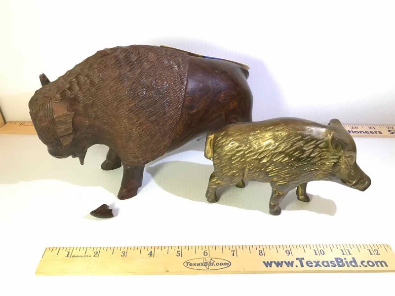 lot 375 image: Carved Wood Buffalo (1 horn broken off) & Brass Boar
