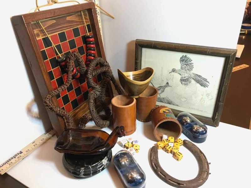 lot 384 image: Leather Cups with Dice, Turned Wood Bowl, Melted Beer Bottle, Horse Shoe, Wire Heart & Star
