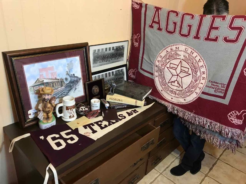 lot 385 image: Texas A&M  Framed Print, Yearbook (65), Decanter, Mugs, Little Statue, 1965 Felt Pennant