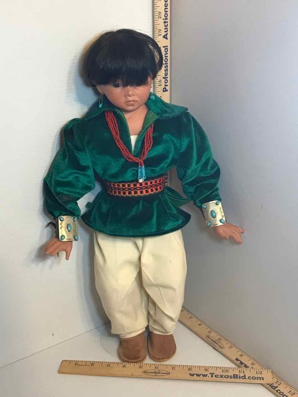lot 390 image: Doll  Native American Girl with Turquoise Cuffs, Earrings, Necklace