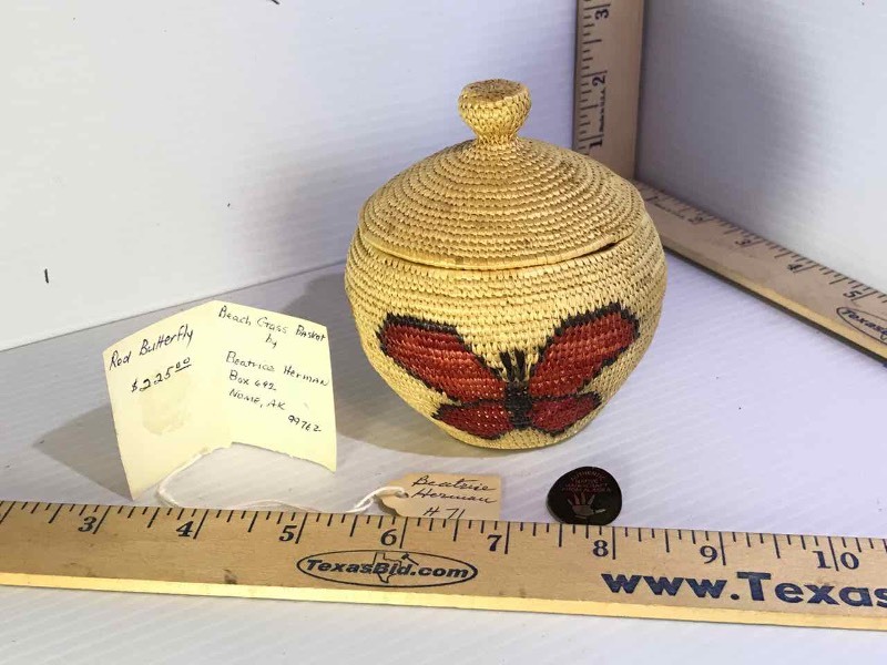 lot 393 image: Beach Grass Basket Handcrafted by Beatrice Herman, Red Butterfly, from Gnome Alaska