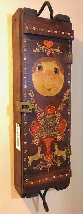 lot 205 image: Painted Ammo Box Wall Cabinet (Face & Goats)
