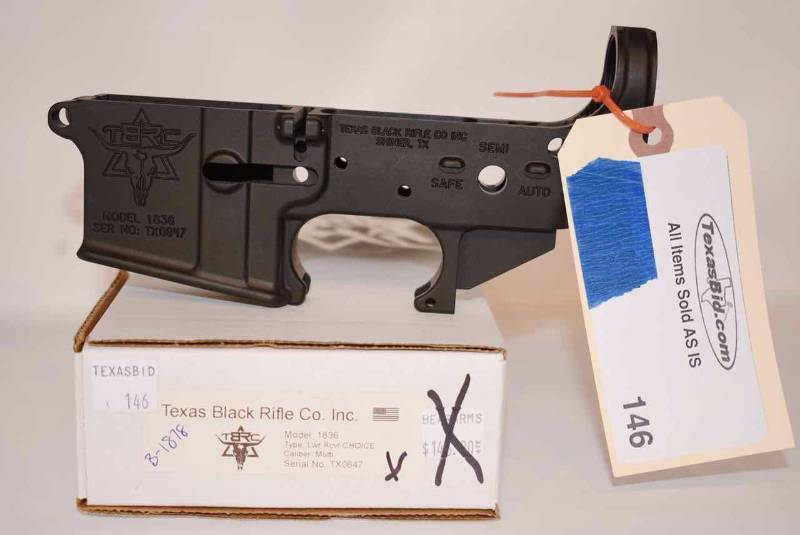 lot 146 image: Incomplete Lower Receiver  Texas Black Rifle,  Mod. 1836,  (AR15) Multi Cal,  (sn  TX0647) new