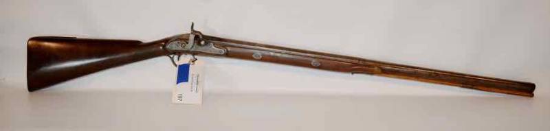 lot 157 image: Antique Black Powder Rifle, DO NOT FIRE,  Half octagon barrel, lots of engraving.