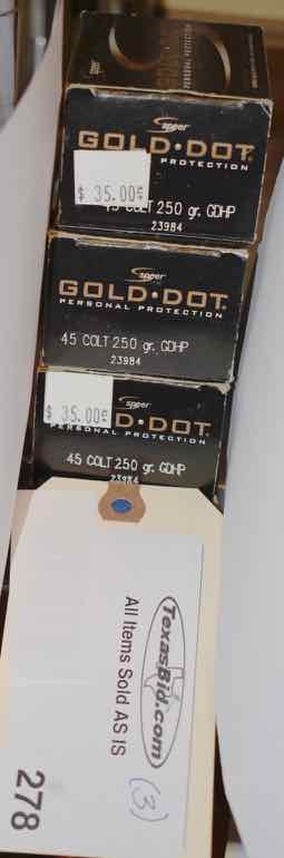 lot 278 image: (3) Gold Dot 45 Colt 250gr. GDHP