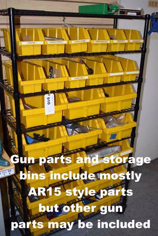 lot 910 image: All Gun Parts, Rack with Yellow Bins