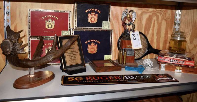 lot 913 image: Antler Cast Trophy, Books, Needlework Art, Tin Sign, Etc.