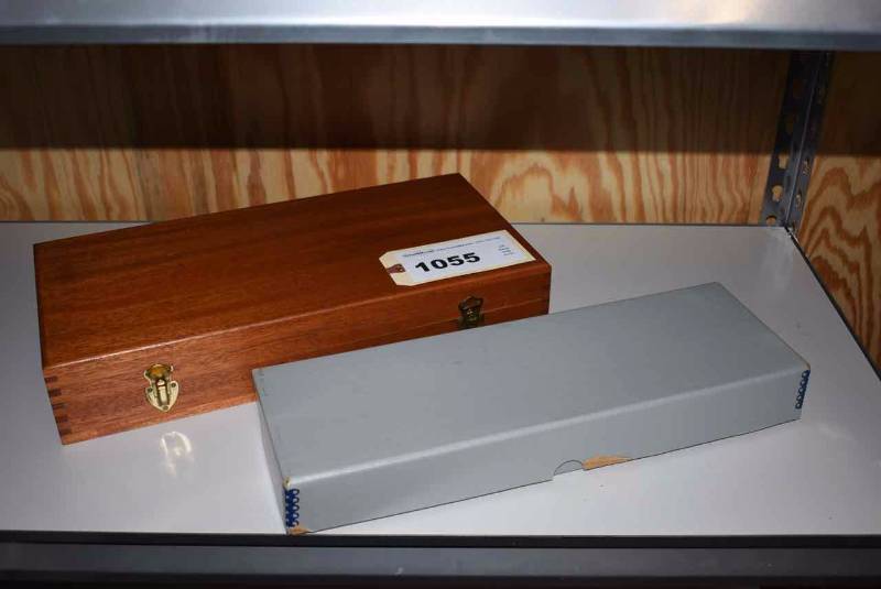 lot 1055 image: Empty S&W Wood Presentation Case & Cardboard Box