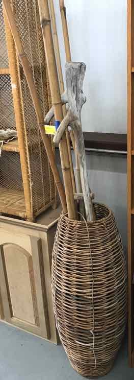 lot 14 image: Tall Basket with Bamboo Poles & Walking Sticks