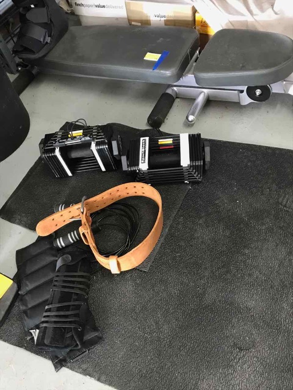 lot 19 image: (2) Sport-Block Dumbbell Sets, Small Leather Lifting Belt, Jump Rope, Hurt-Foot Boot, Bench