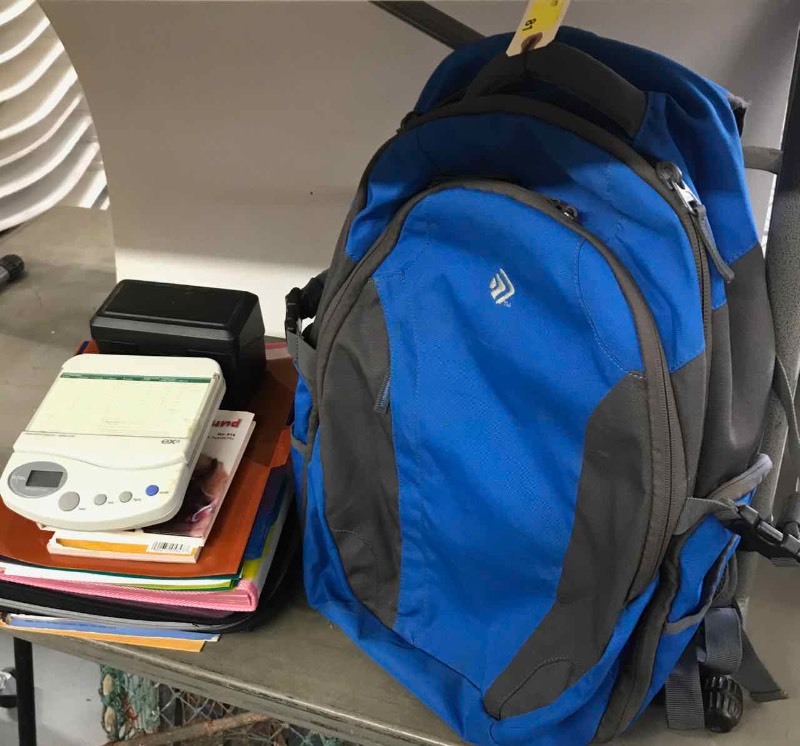 lot 81 image: Blue Nylon Back Pack, Digital Postal Scale, Calculators, Folders, Etc.