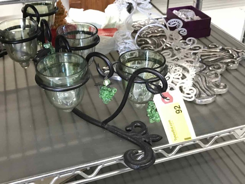 lot 92 image: Grape Vine Candle Holder, Pewter Cross, Gorham Crystal Ornament, Crystal Perfume Bottle, Etc.