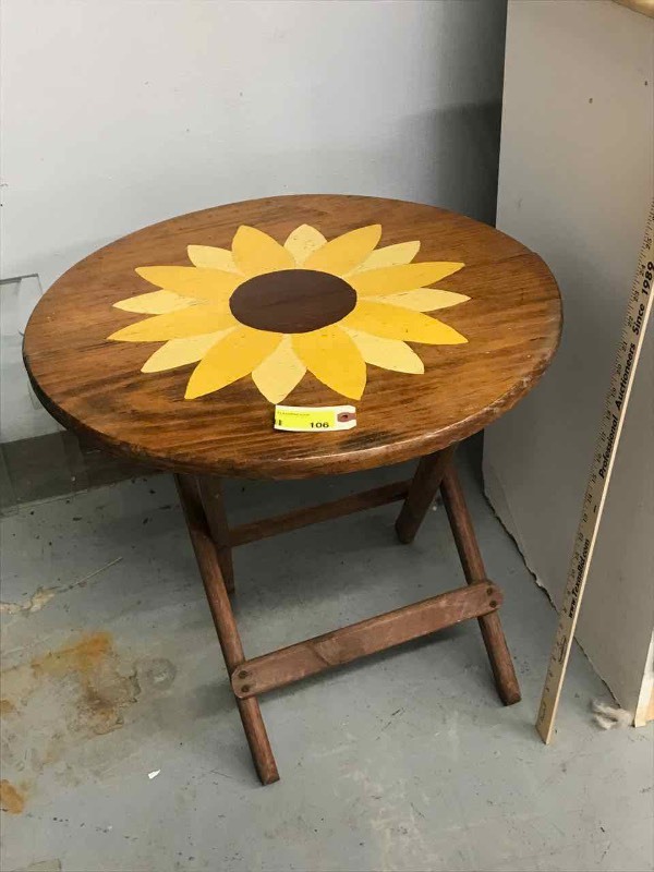 lot 106 image: Painted Sunflower Wood Patio Side Table