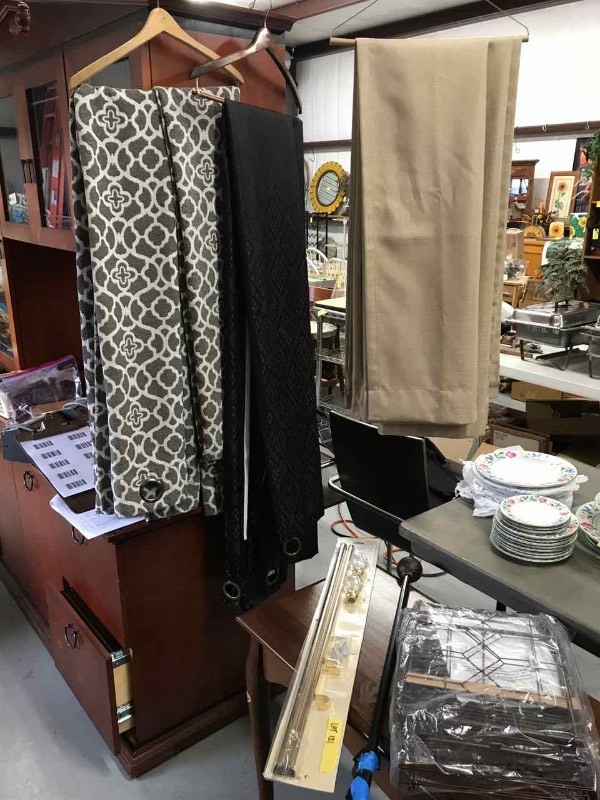 lot 121 image: Curtain Rods, Curtains, Three-Tier Metal Organizer