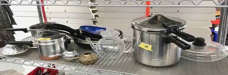 lot 150 image: Asst. Skillets, Presto Pressure Cooker, Steamer Basket, Pizza Pans, Etc.