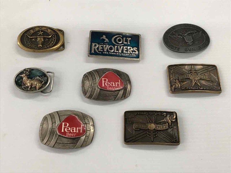 lot 155 image: Belt Buckles  Colt, NRA, Pearl Beer, Deer, Etc.
