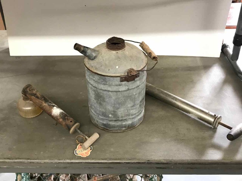 lot 159 image: Old Galvanized Oil Can, (2) Glass Sprayers