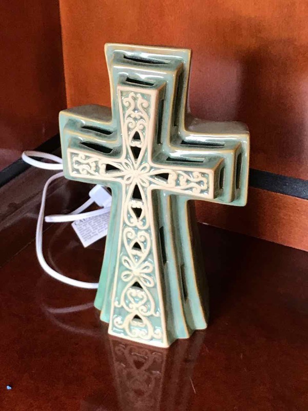 lot 166 image: Lighted Ceramic Cross Night-Light, Small Framed Print Verse, Larger Framed Print Jesus