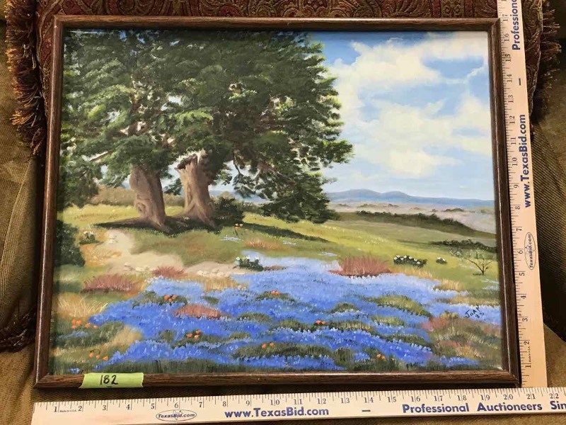 lot 182 image: Oil on Canvase, signed Joan 1985 Bluebonnets & Oaks