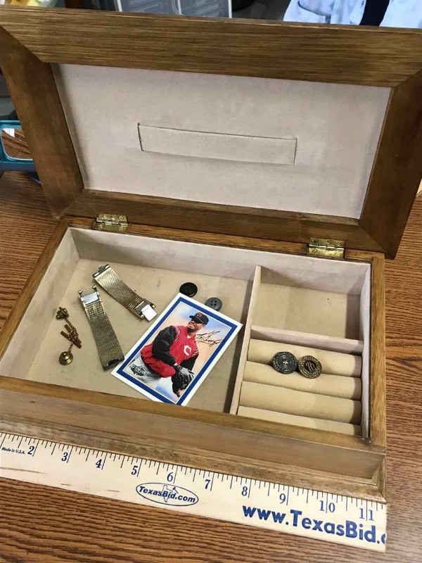 lot 188 image: Jewelry Box, A&M Pins, Old Watch Band, Baseball Card Ken Griffee Jr.