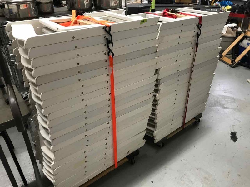 lot 202 image: (47) White Wood Folding Chairs with (2) Flat Dollies & (2) Ratchet Straps