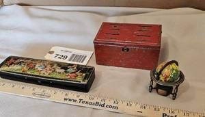 lot 729 image: Antique pencil box, red coin box, world pencil sharpener
