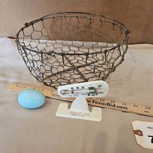 lot 733 image: Antique egg basket, egg thermometer