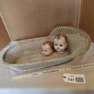 lot 747 image: Antique Wicker Baby Scale Basket, 2 Doll Faces