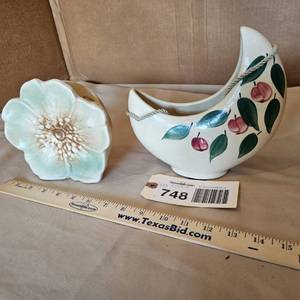 lot 748 image: (2) Art Pottery Wall Pocket Flower & Half Moon Planter