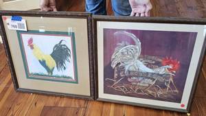 lot 760 image: Framed Rooster Art (1 with stitching, 1 paper print)