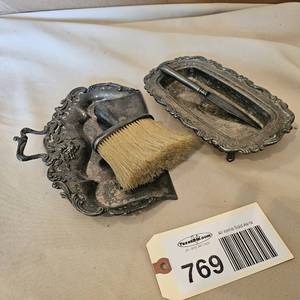 lot 769 image: Antique Crumb Catcher, Brush, Butter Dish, Knife