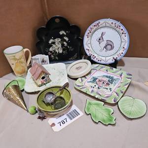 lot 787 image: Antique Painted CrumbDust Catcher, Decorative Plates, Green Mexico Bowl, Etc.