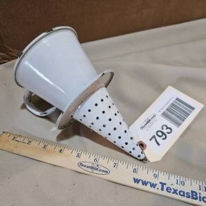 lot 793 image: antique white witches hat enamelware colander-filter